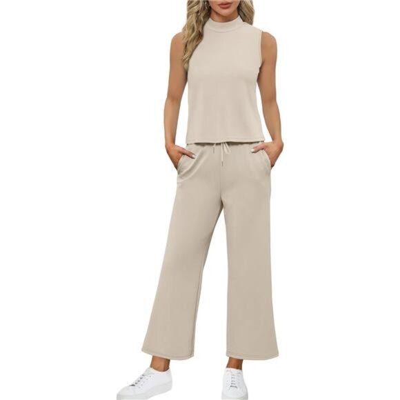 Women's 2-Piece Summer Set - Mock Neck‎ Top & Wide-Leg Crop Pants Lounge Outfit - Picture 3 of 7
